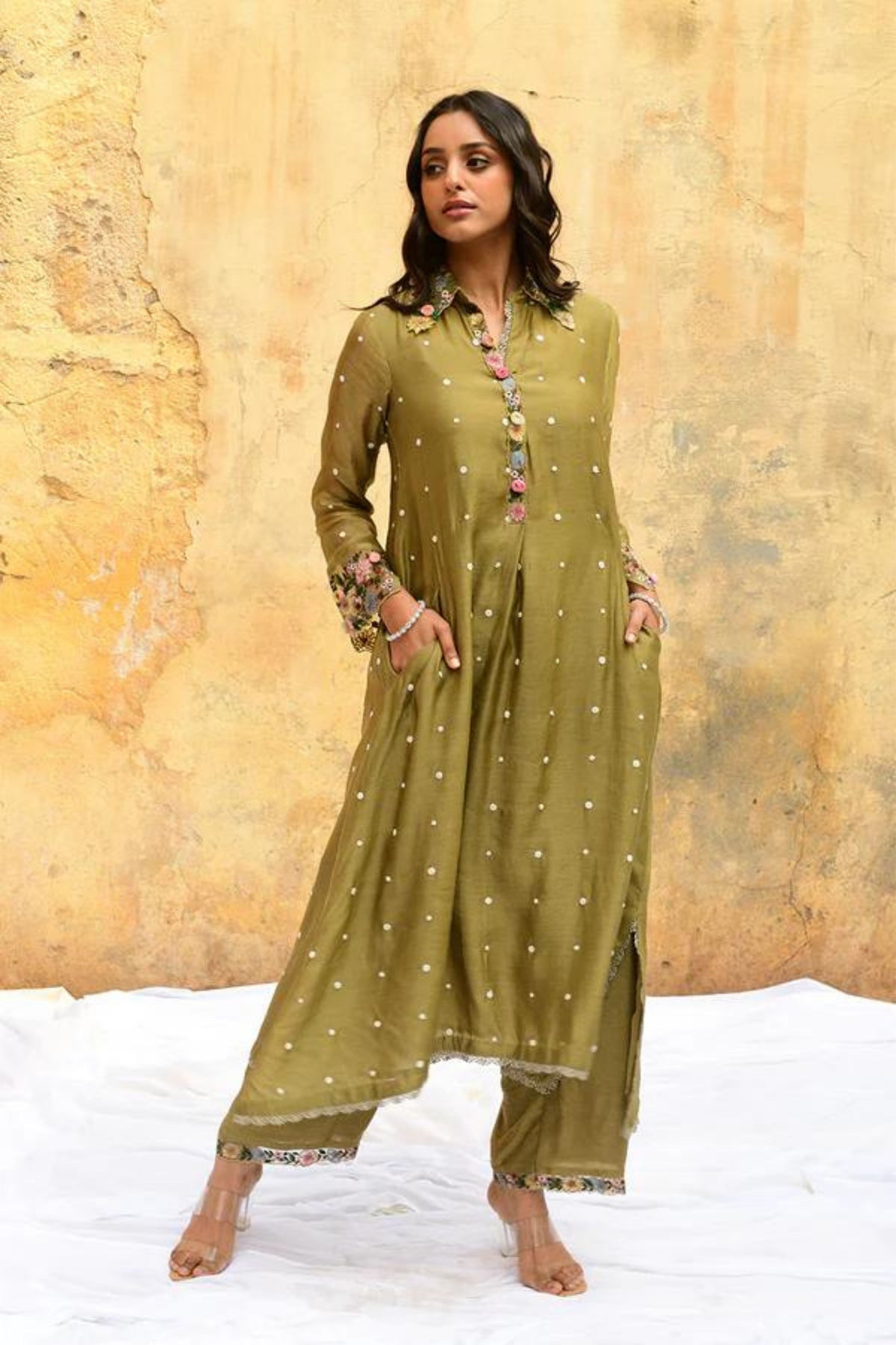 Olive Green Orchid Collar Kurta Set