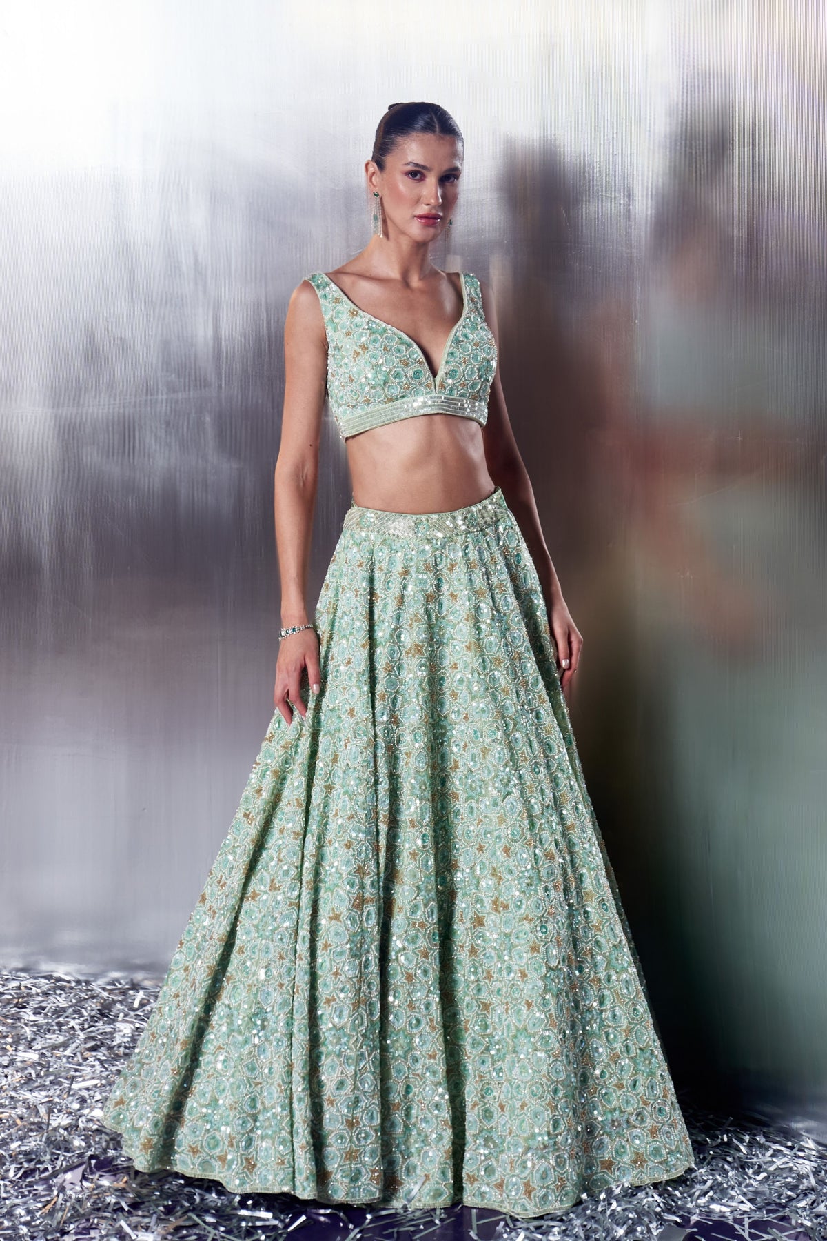 Sea Green Crystals Lehenga Set