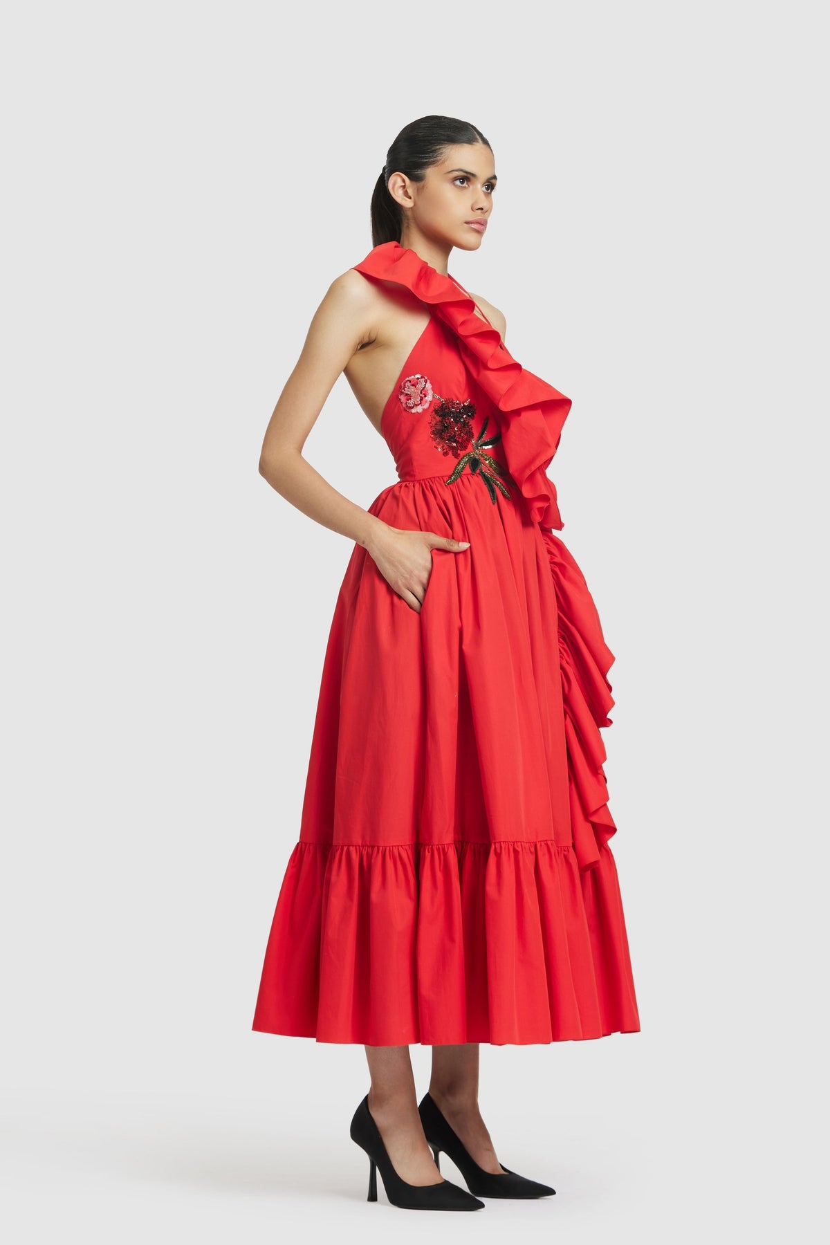 Red Ruffled Midi Dress