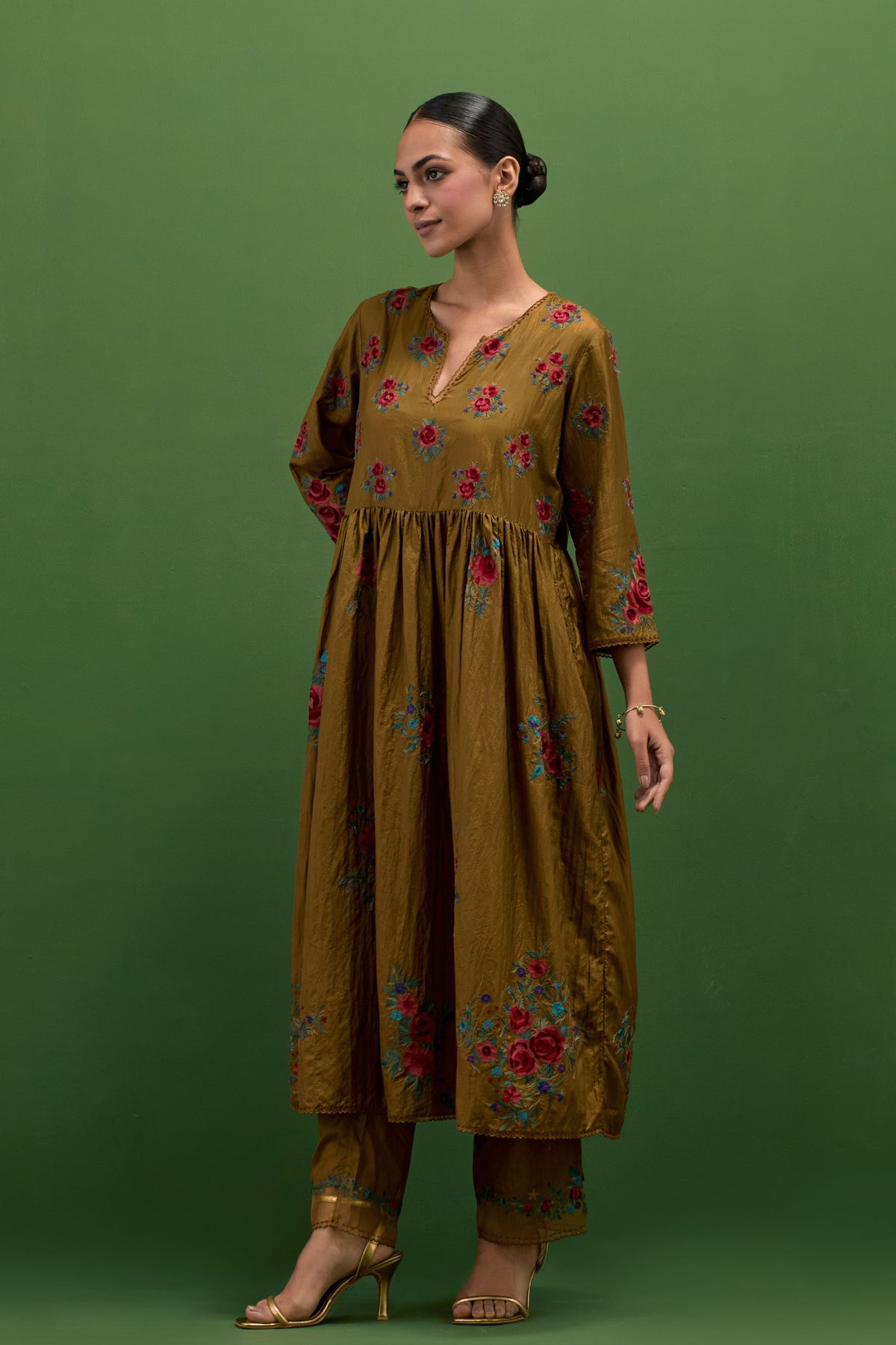 Golden Olive Floral Kurta Set