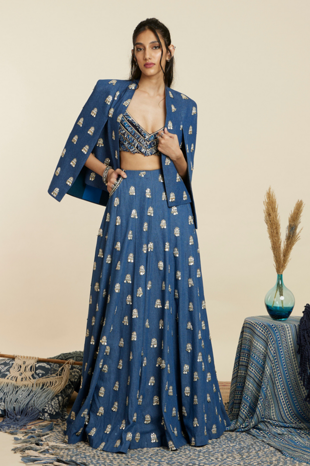 Blue Embellished Denim Lehenga Set