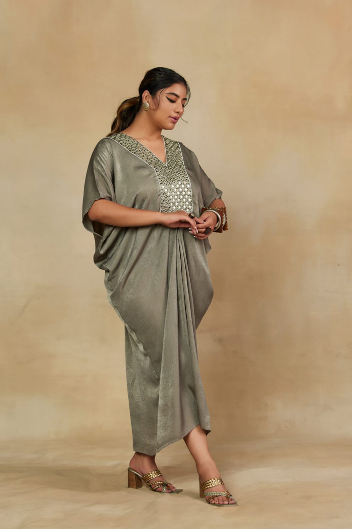 Moss Green Mirror Work Kaftan Dress