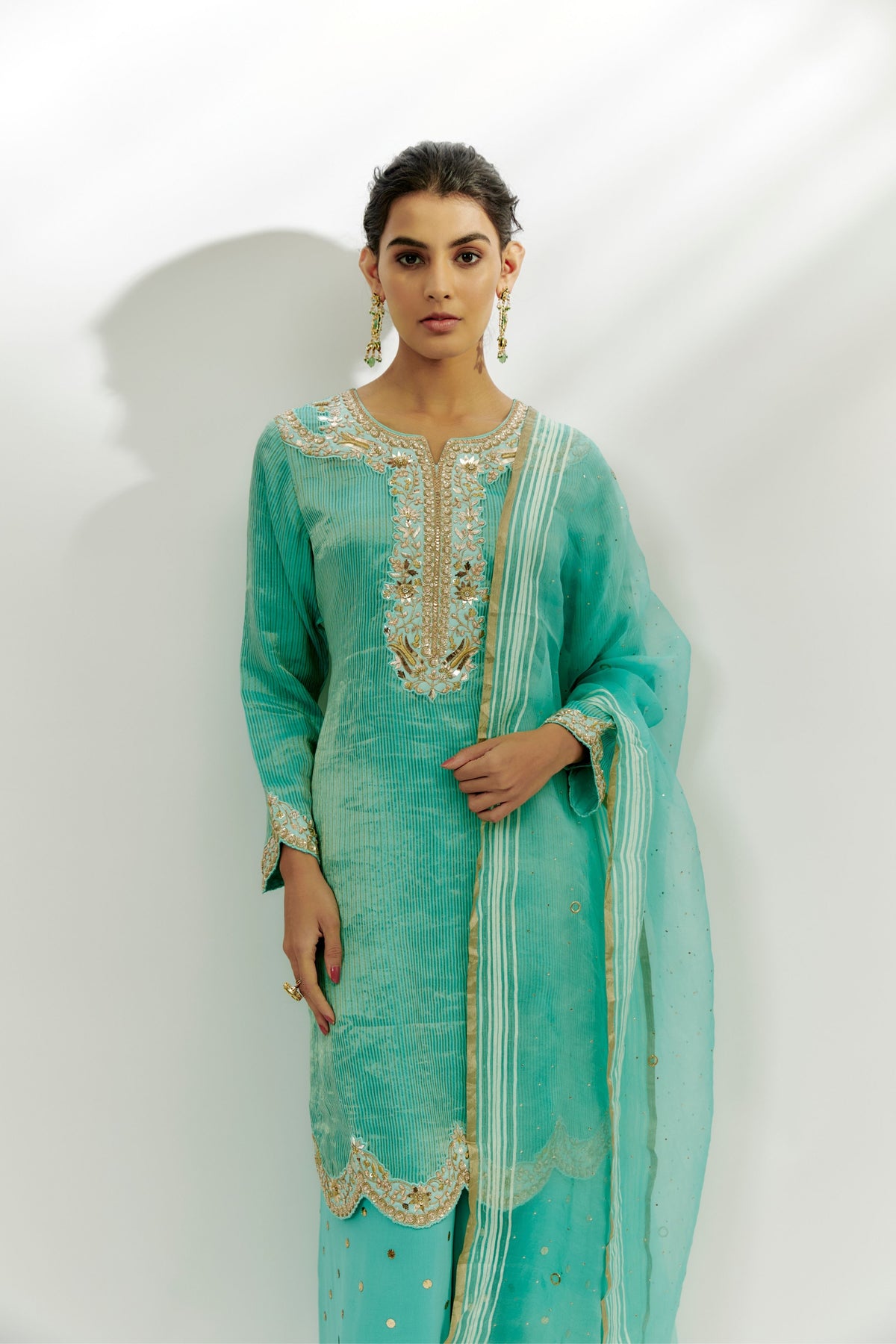 Cyan Blue Embroidered Kurta Pallazzo Set