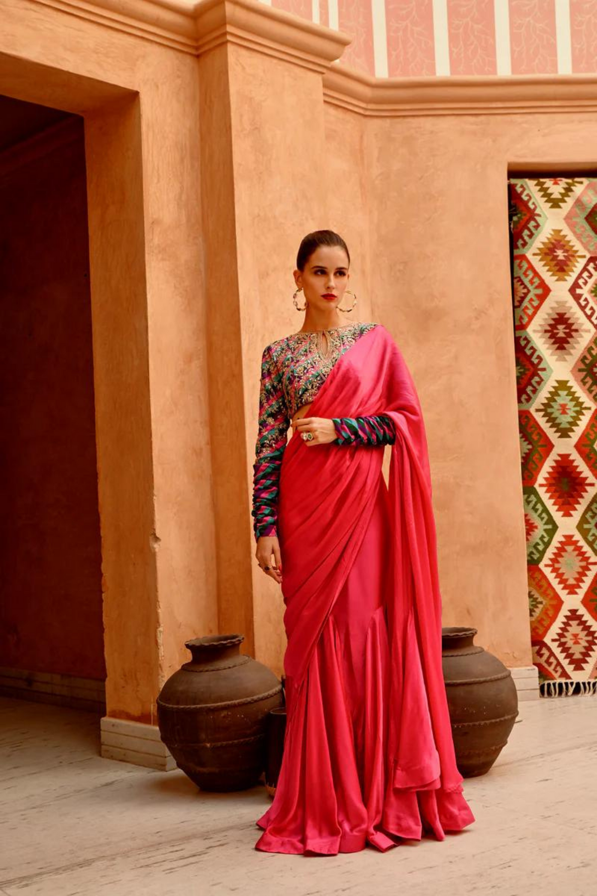 Hot Pink Drape Saree Set