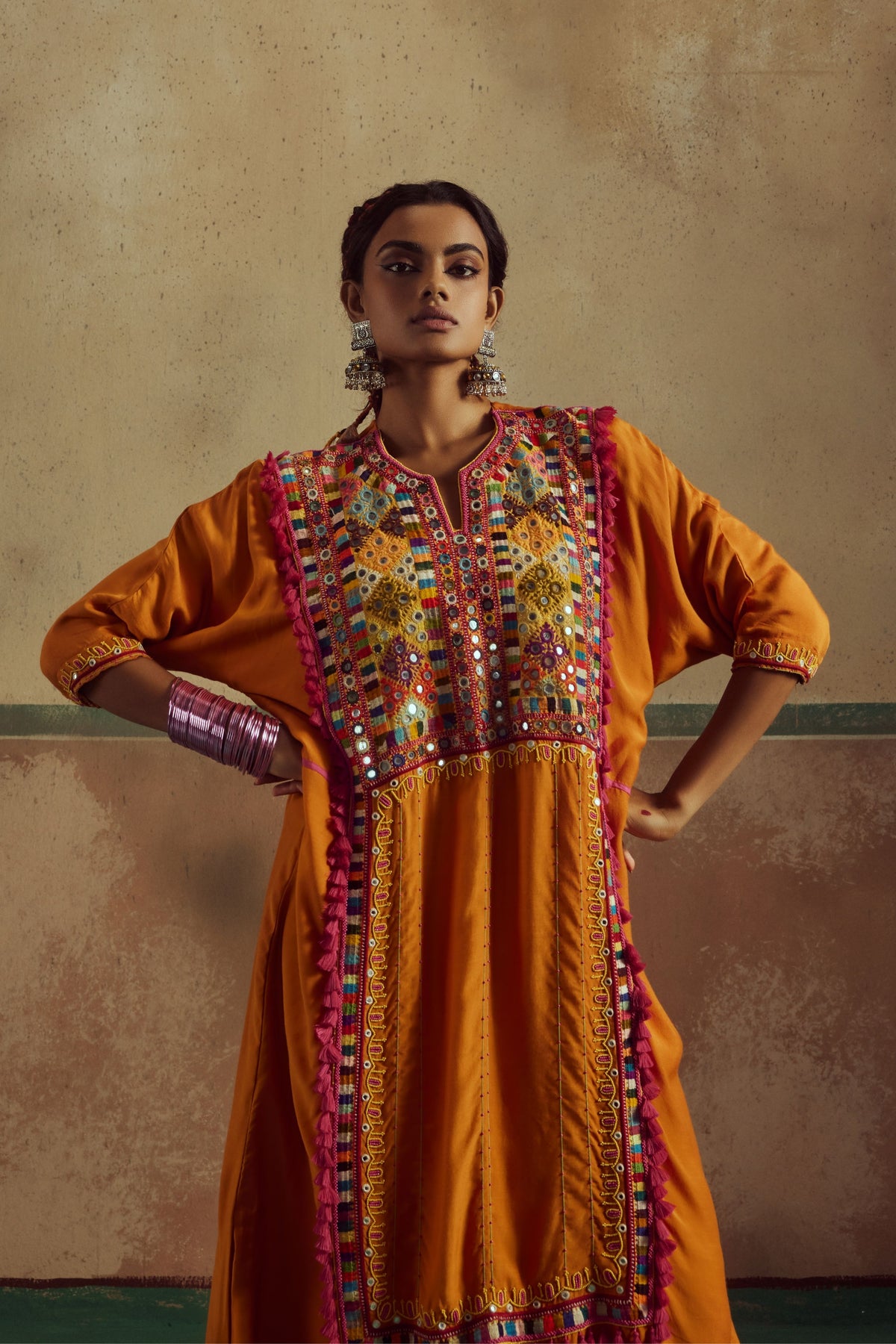 Orange Patch Work Kurta Set