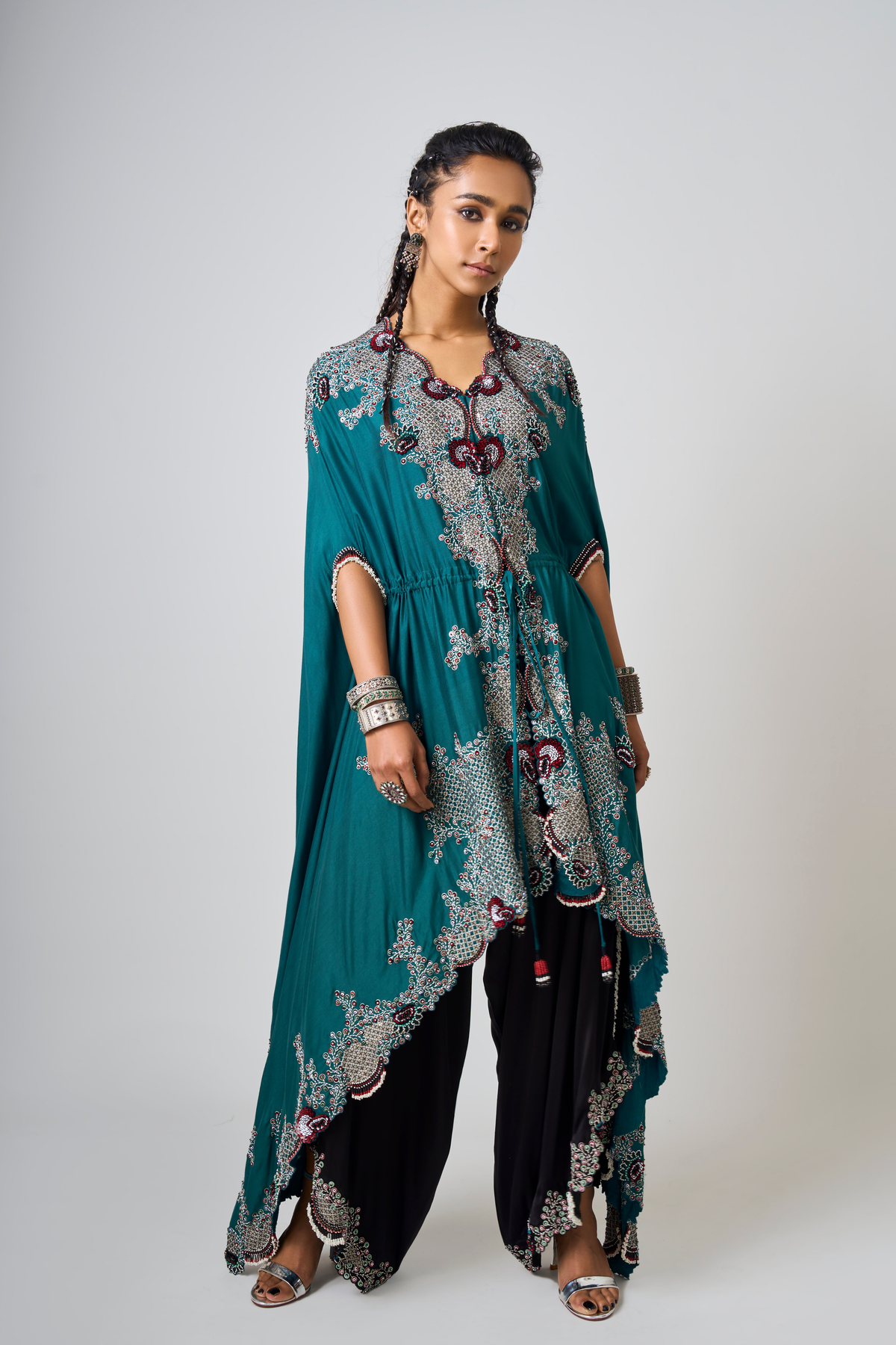 Teal Embroidered Cape With Pant