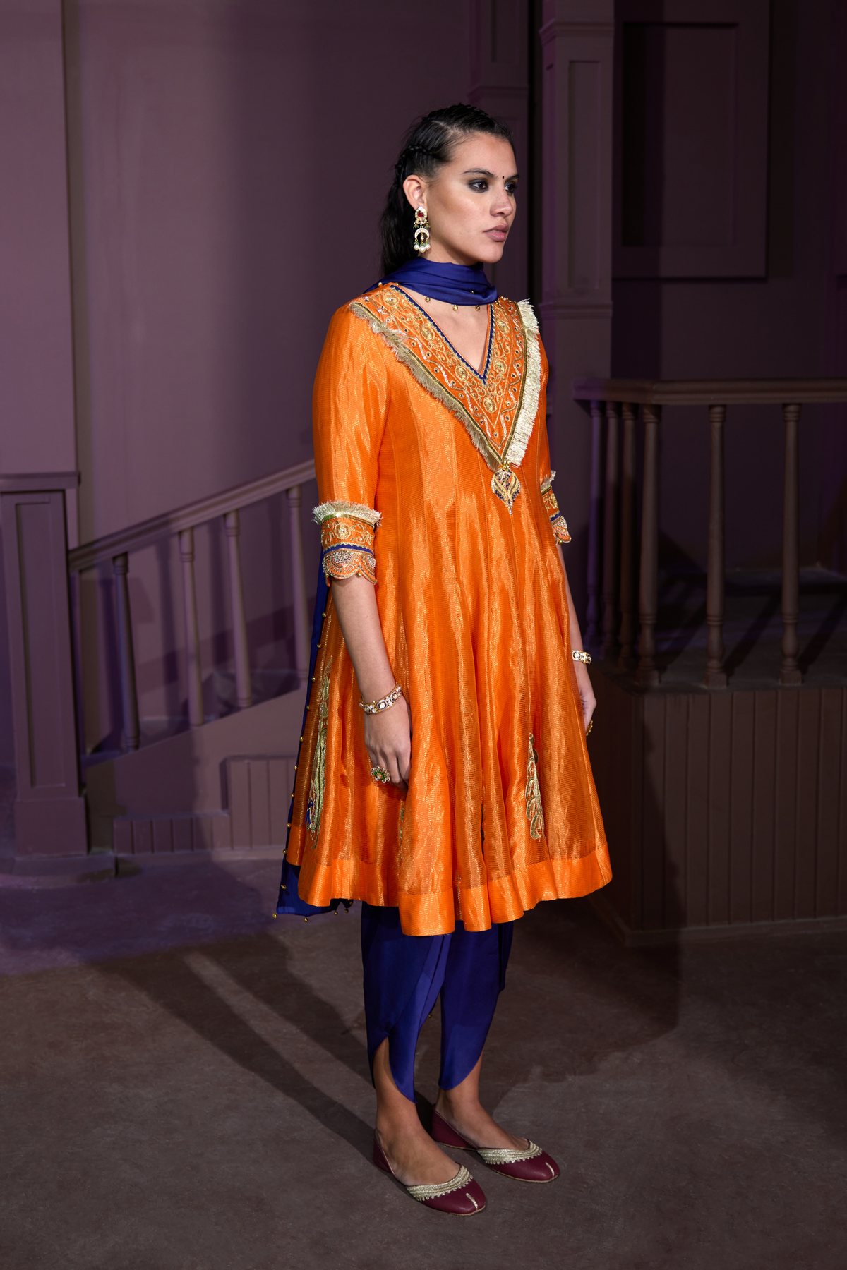 Orange Hand Embellished Kurti Set