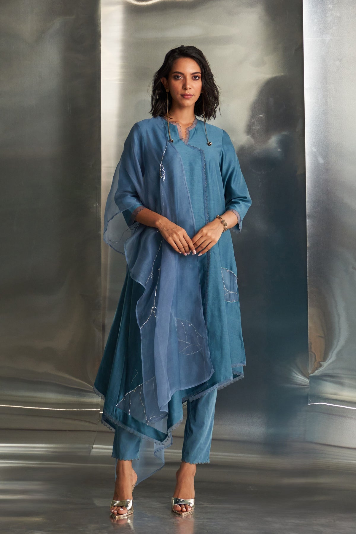 Steel Blue Asymmetrical Kurta Set