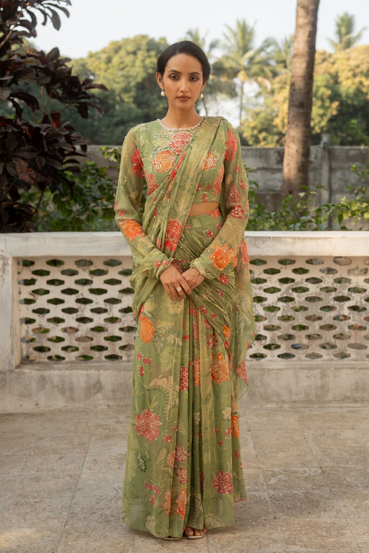 Sage Green Printed Saree Set