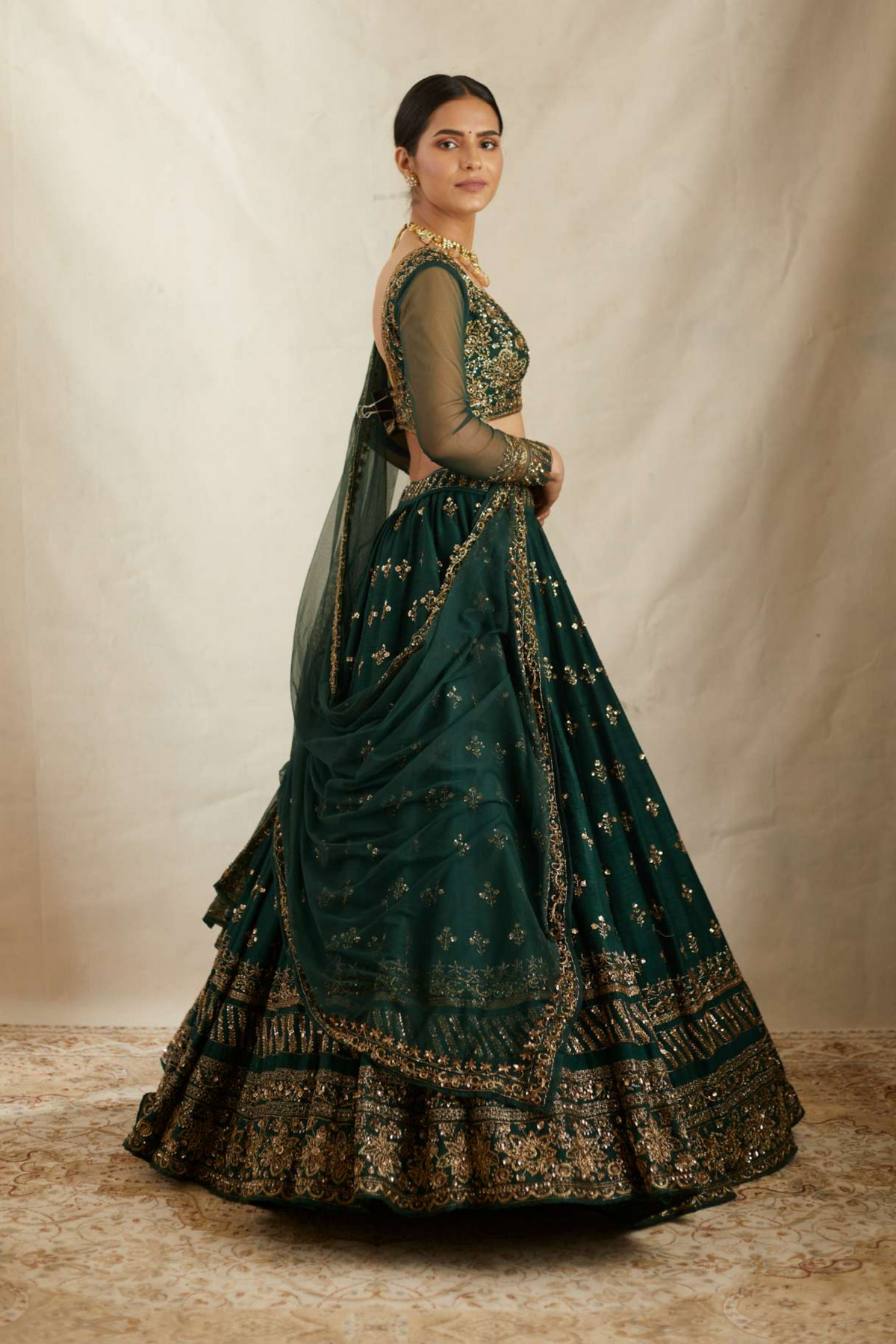 Emerald Green Raw Silk Lehenga Set