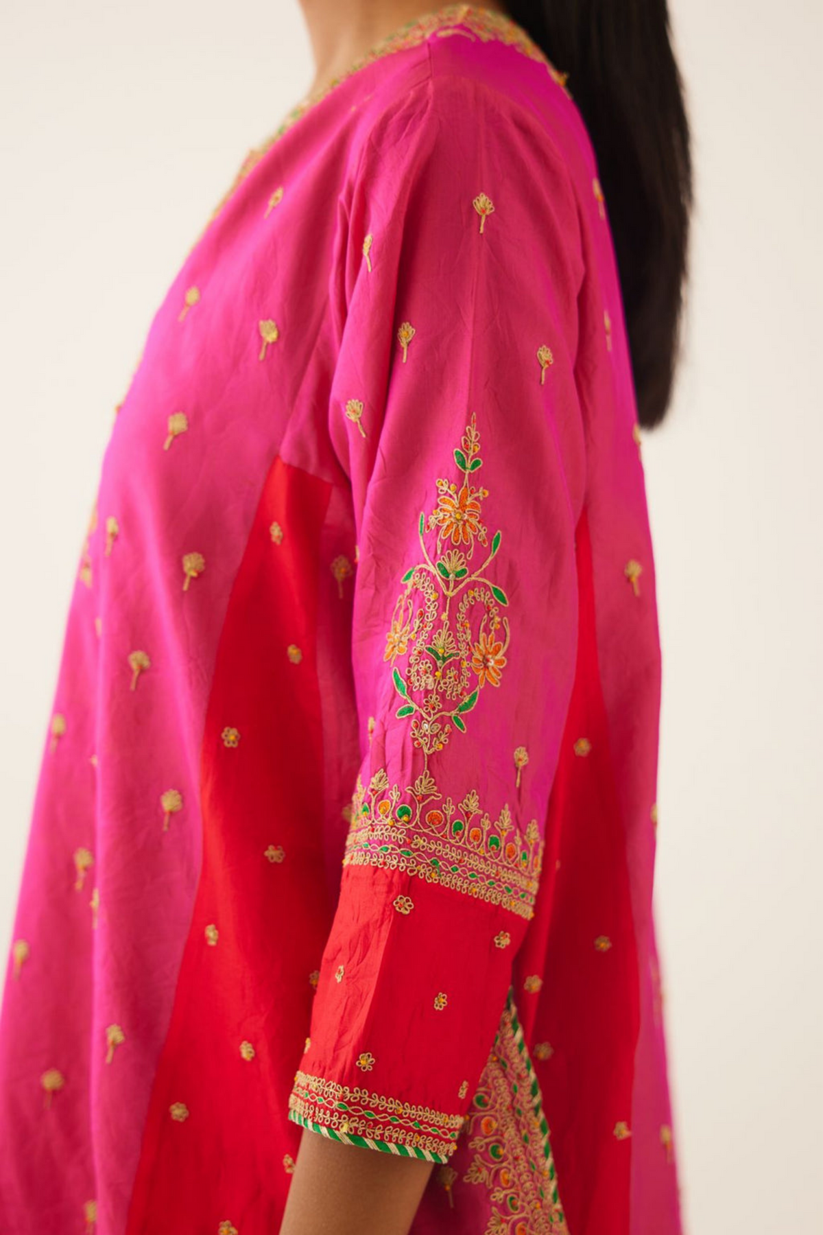 Red &amp; Fuchsia Silk Kalidar Kurta Set