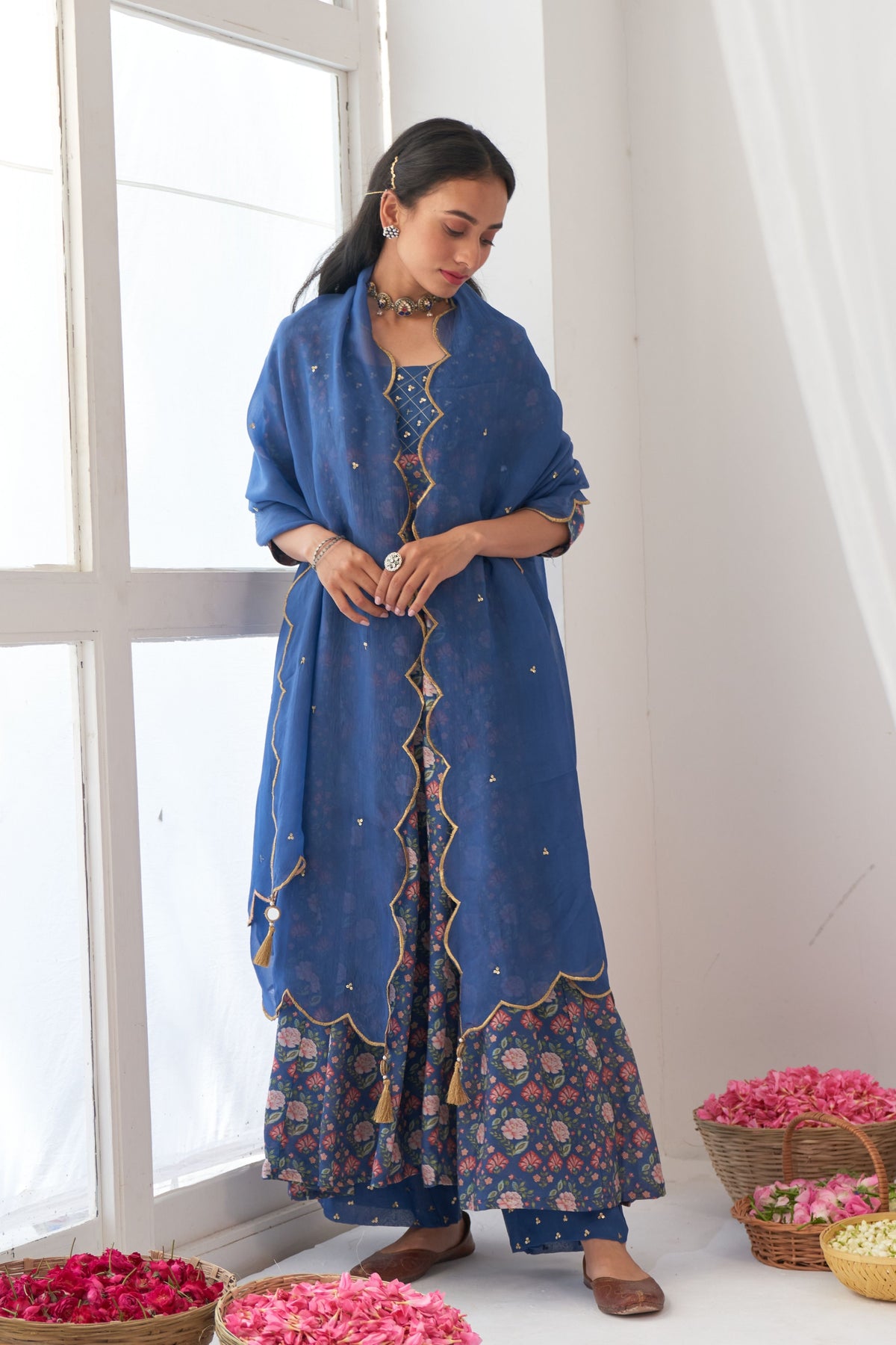 Blue Peony Embroidered Anarkali Set