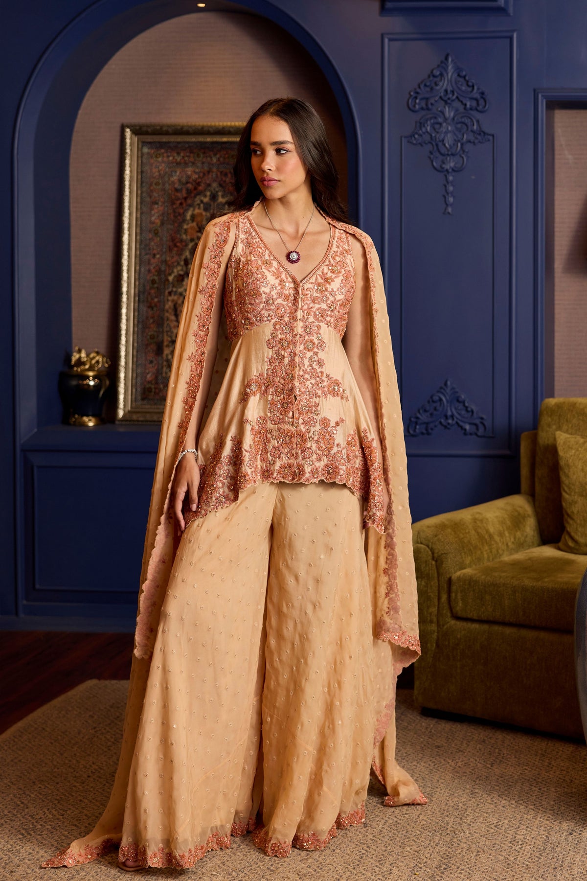 Fresh Peach Silk  Sharara Set