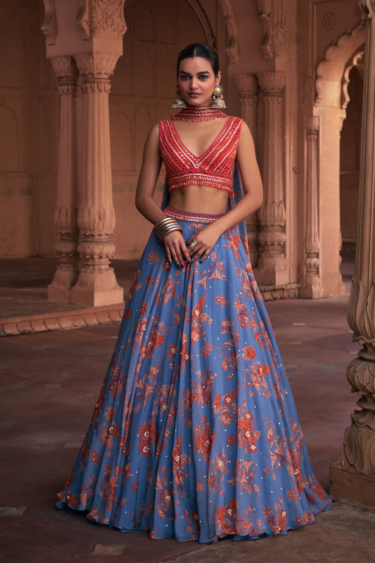 Slate Blue Embroidered Lehenga Set