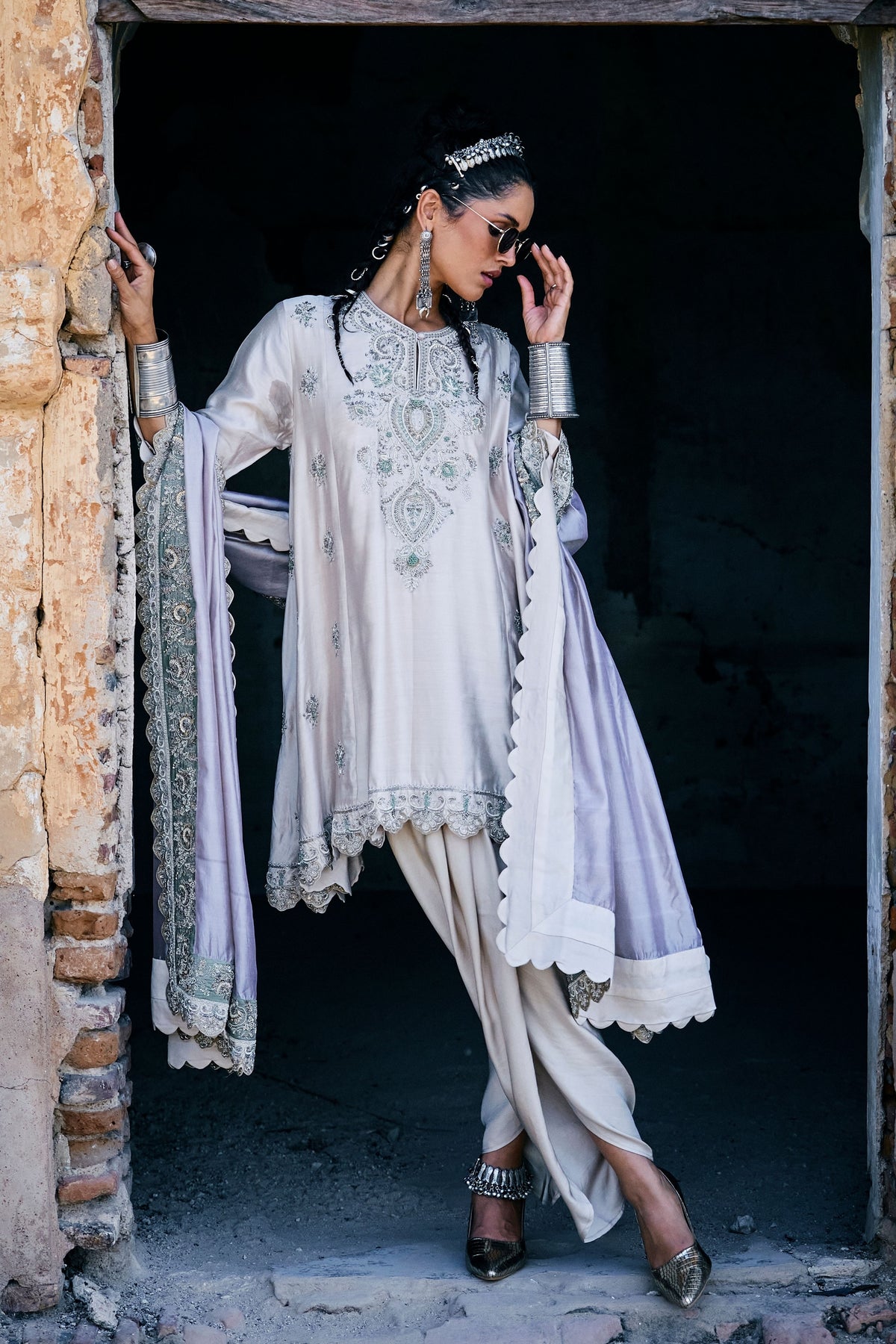 Embroidered Beige Kurta Set