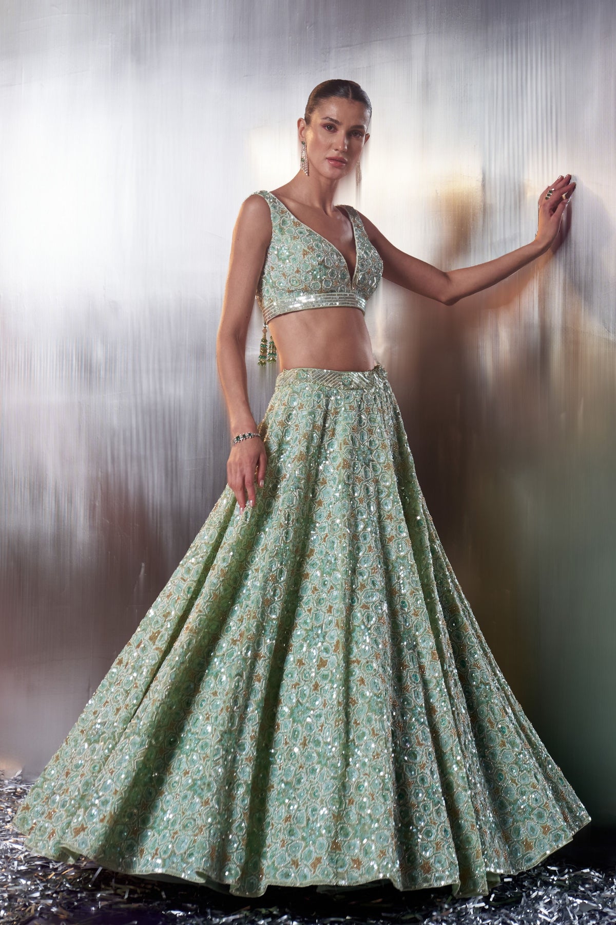 Sea Green Crystals Lehenga Set