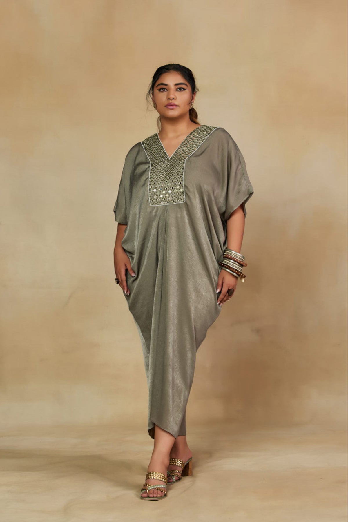 Moss Green Mirror Work Kaftan Dress