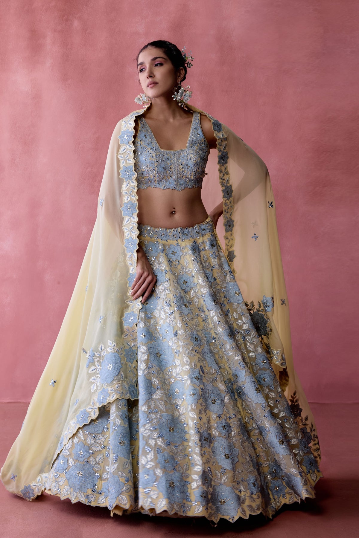 Yellow Floral Organza Lehenga Set