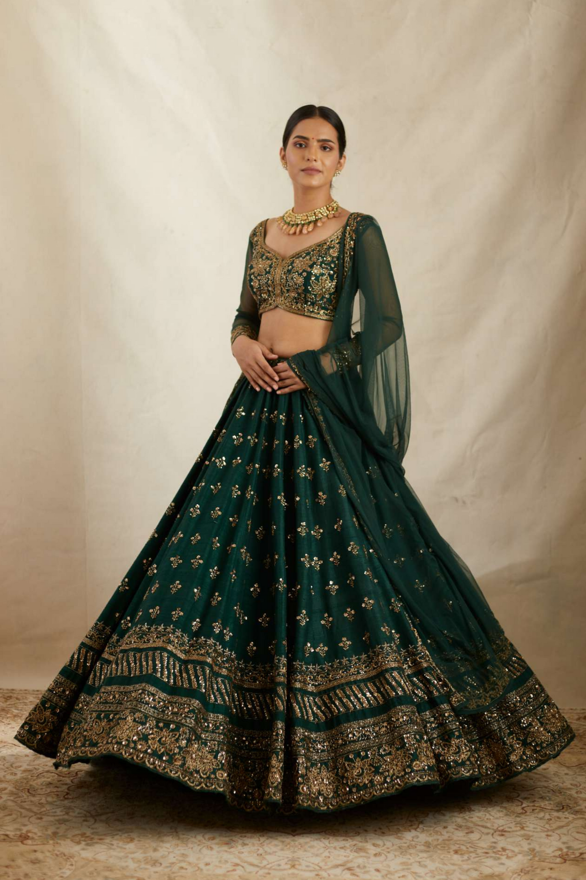 Emerald Green Raw Silk Lehenga Set