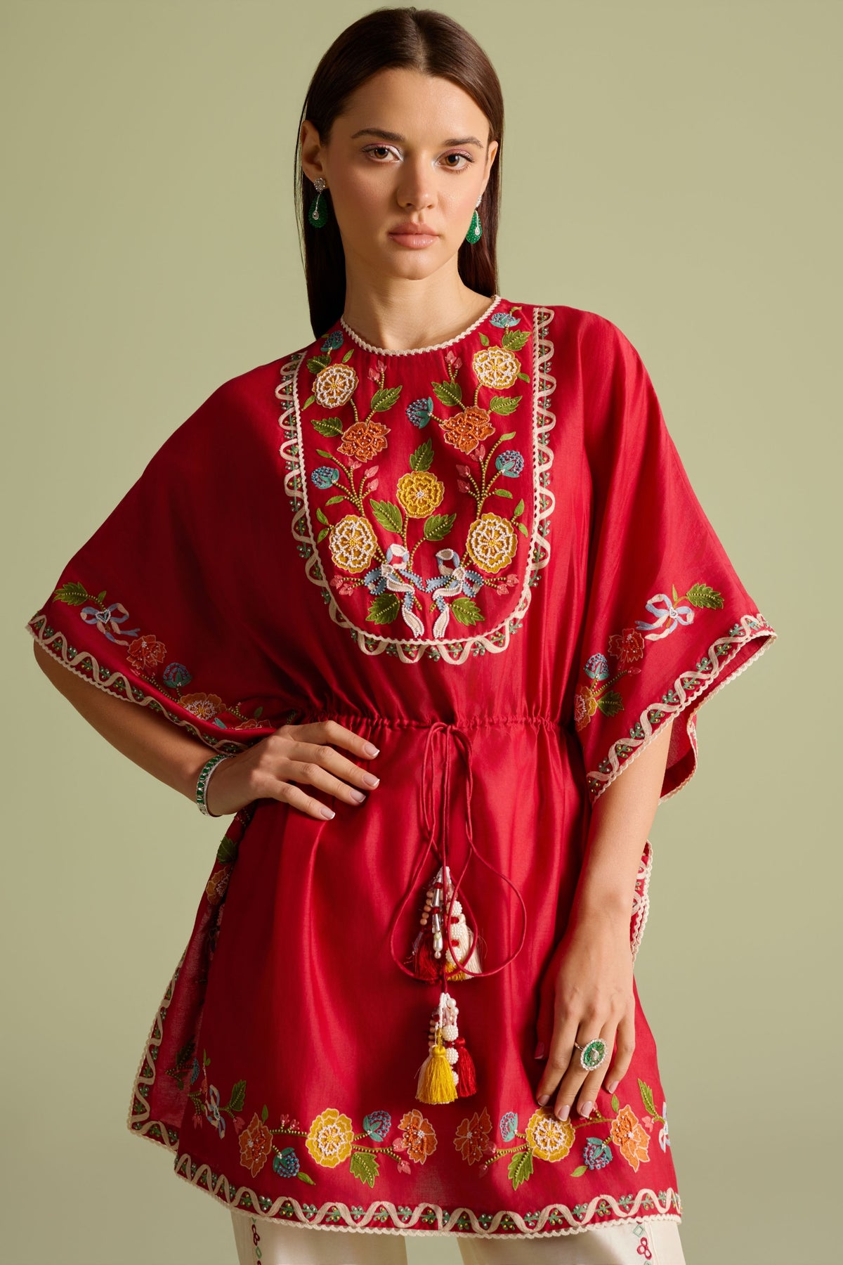 Red Embroidered Yoke Kaftan