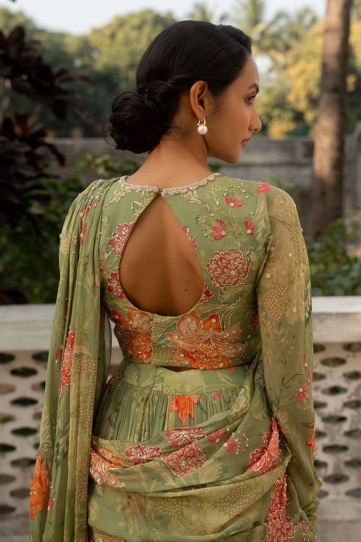 Sage Green Printed Saree Set