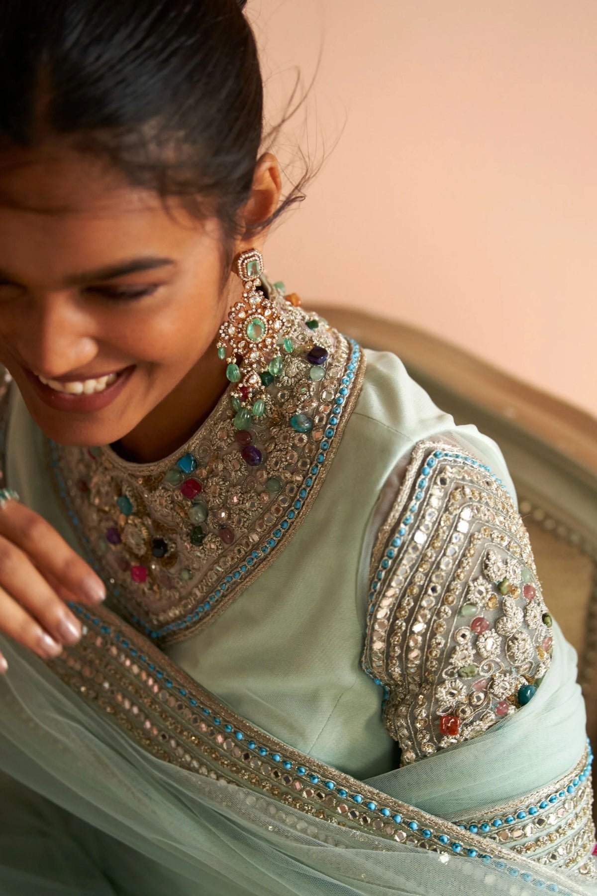 Powder Blue Net Embroidered Saree Set