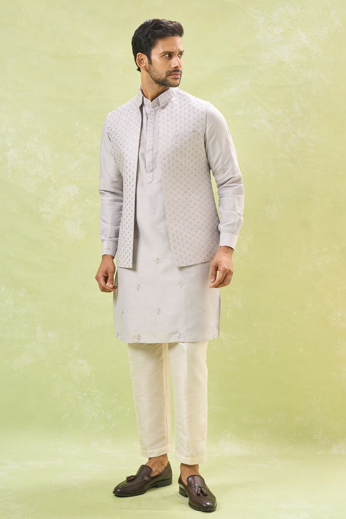 Grey Embroidered Nehru Jacket Set