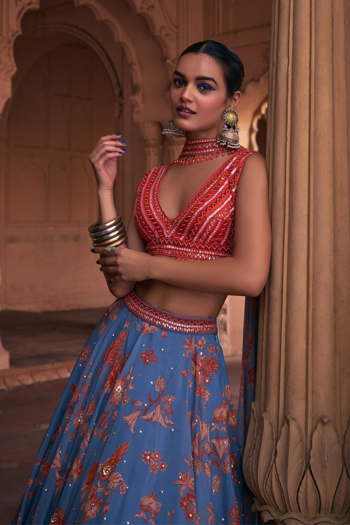 Slate Blue Embroidered Lehenga Set