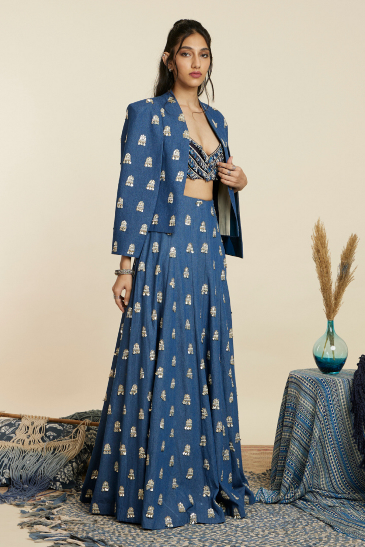 Blue Embellished Denim Lehenga Set