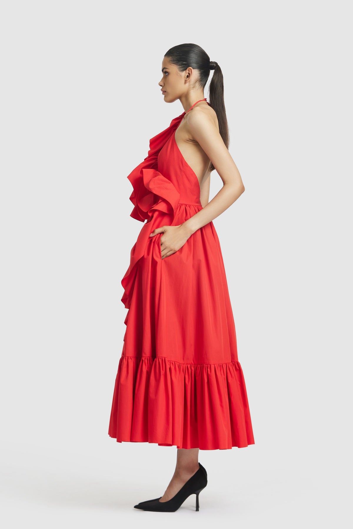 Red Ruffled Midi Dress