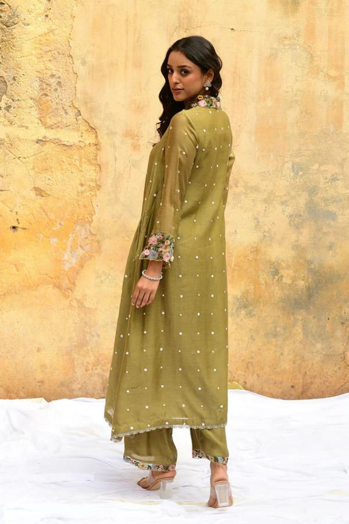 Olive Green Orchid Collar Kurta Set