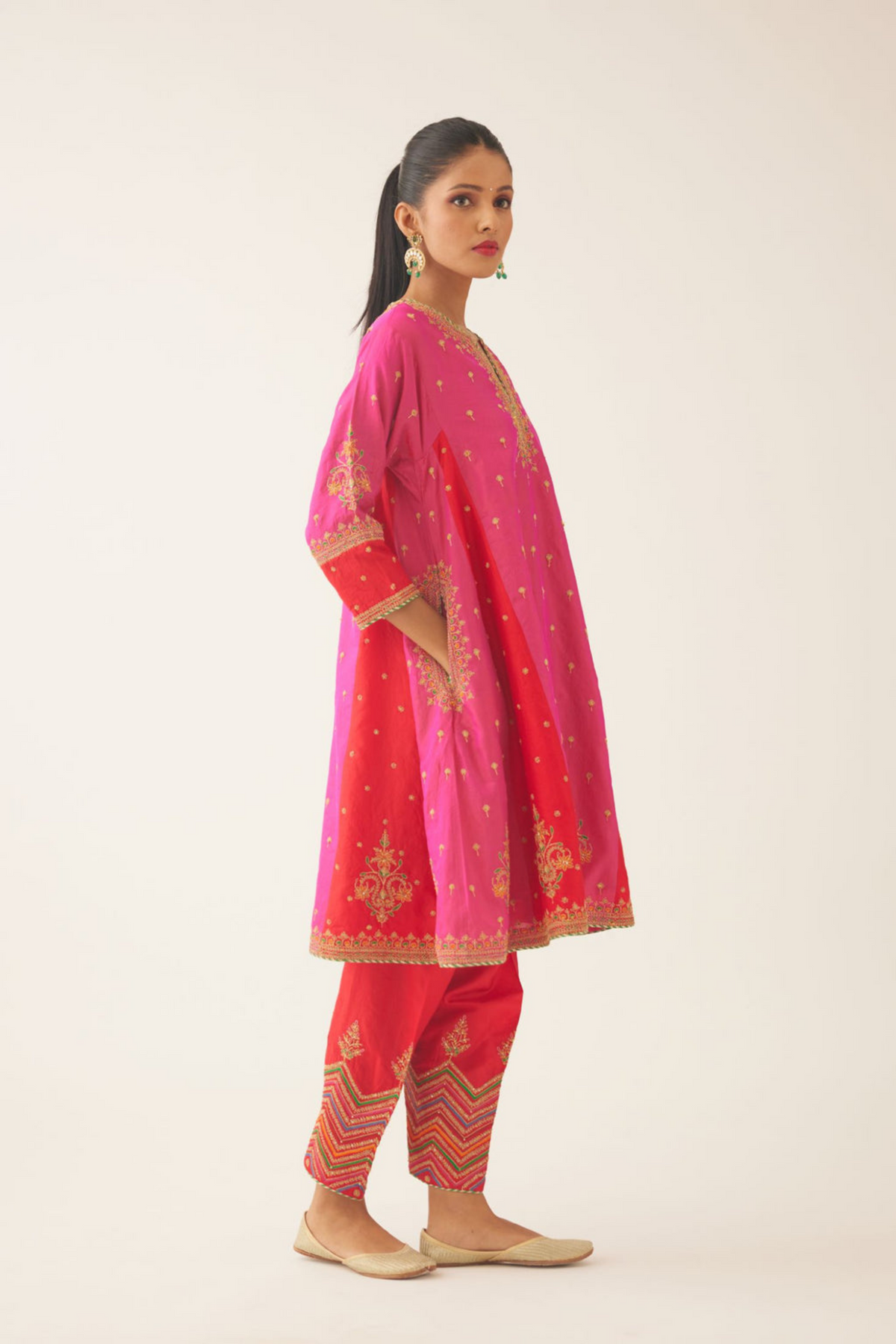 Red &amp; Fuchsia Silk Kalidar Kurta Set