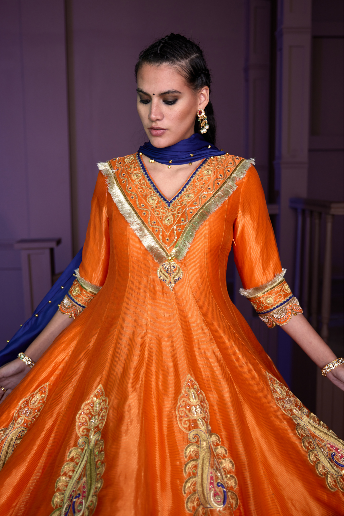 Orange Hand Embellished Kurti Set