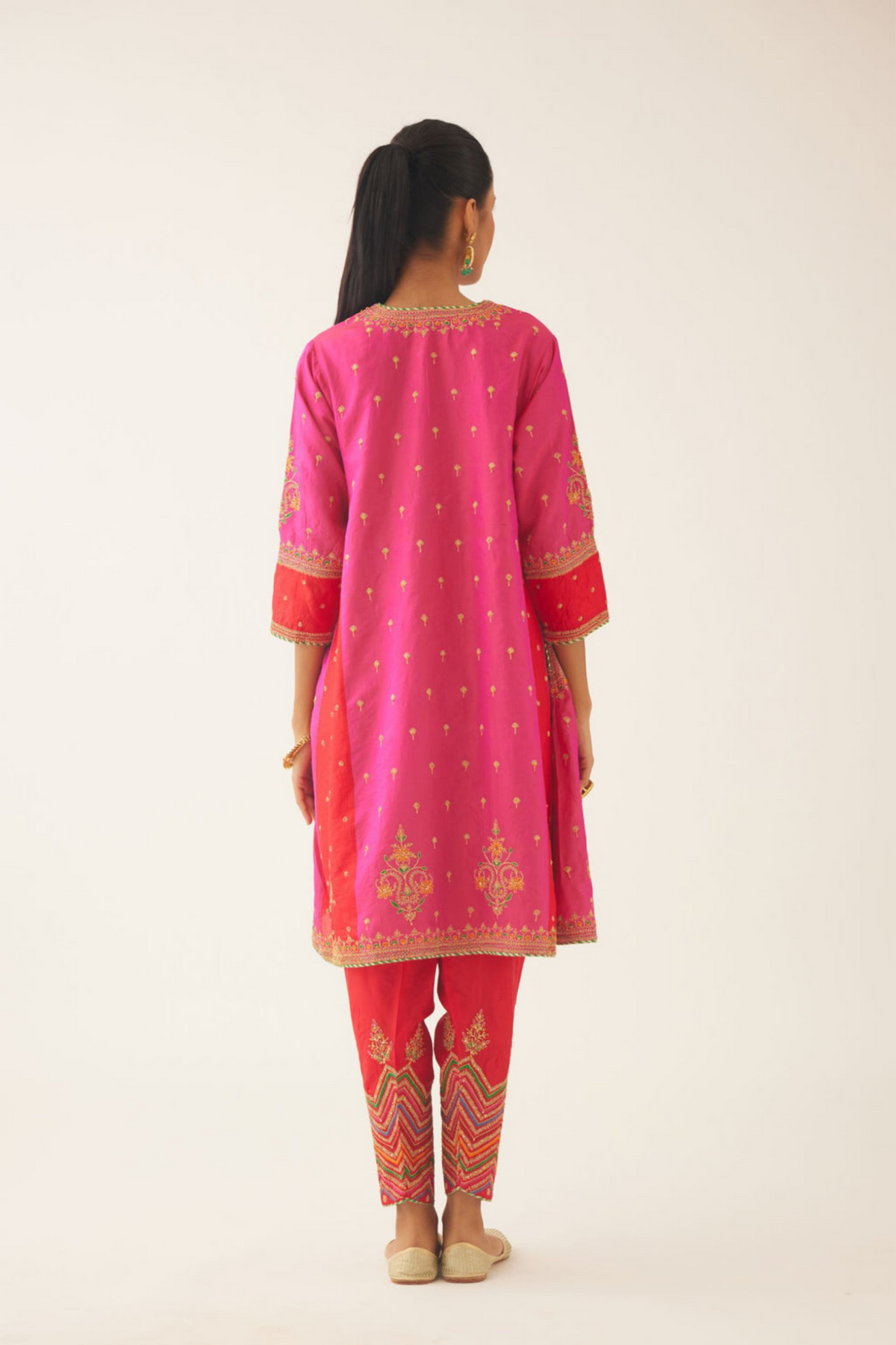 Red &amp; Fuchsia Silk Kalidar Kurta Set