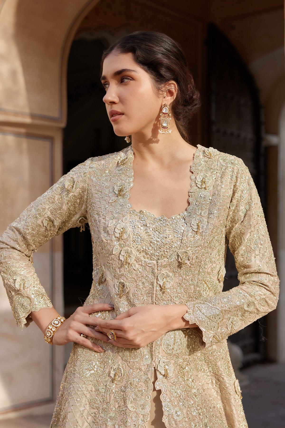 Beige Champagne Embroidered Jacket Set