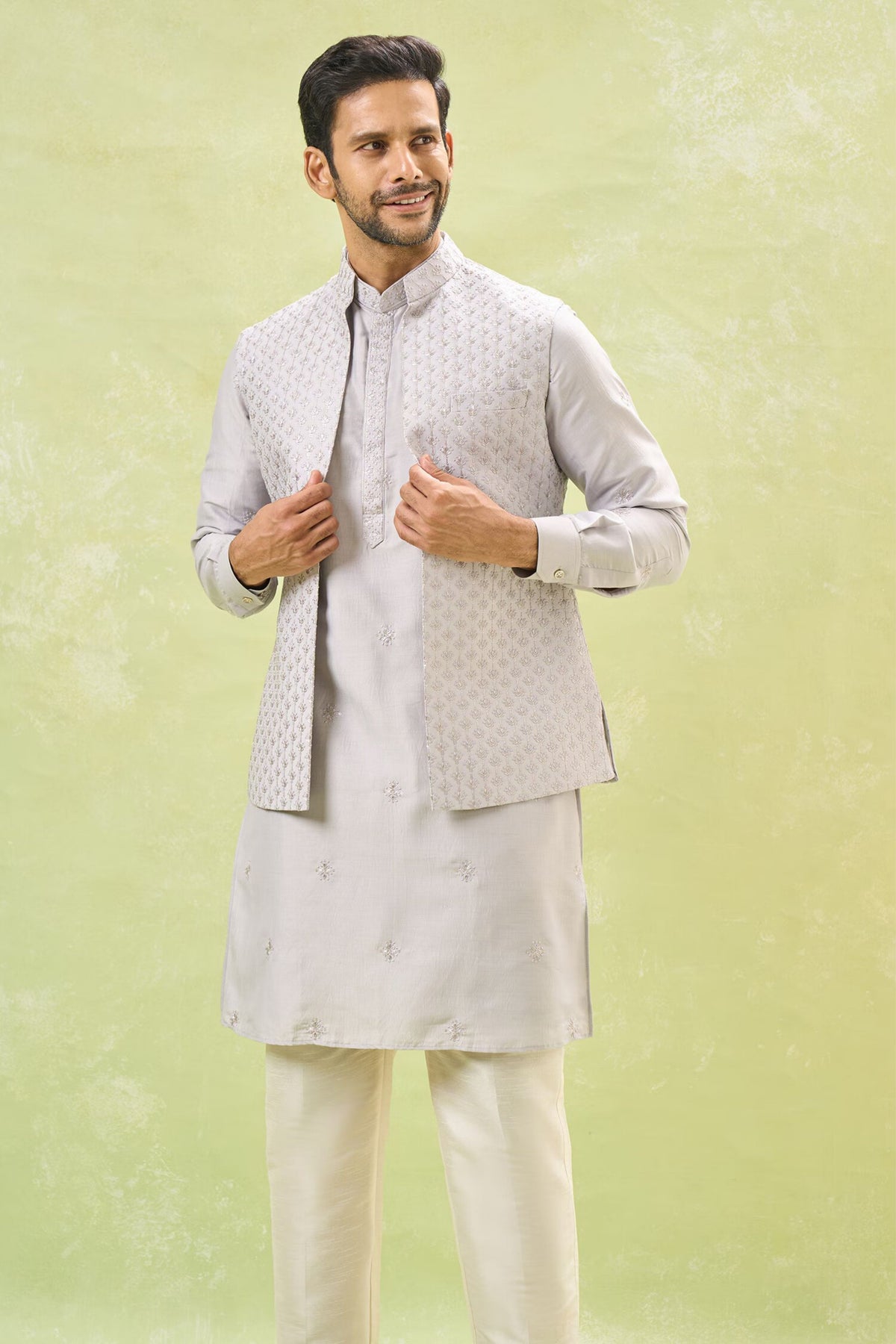 Grey Embroidered Nehru Jacket Set