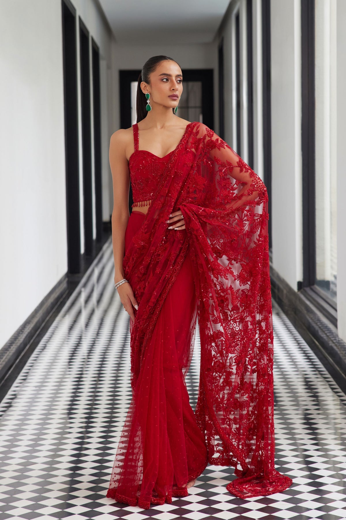 Red Cocktail Saree