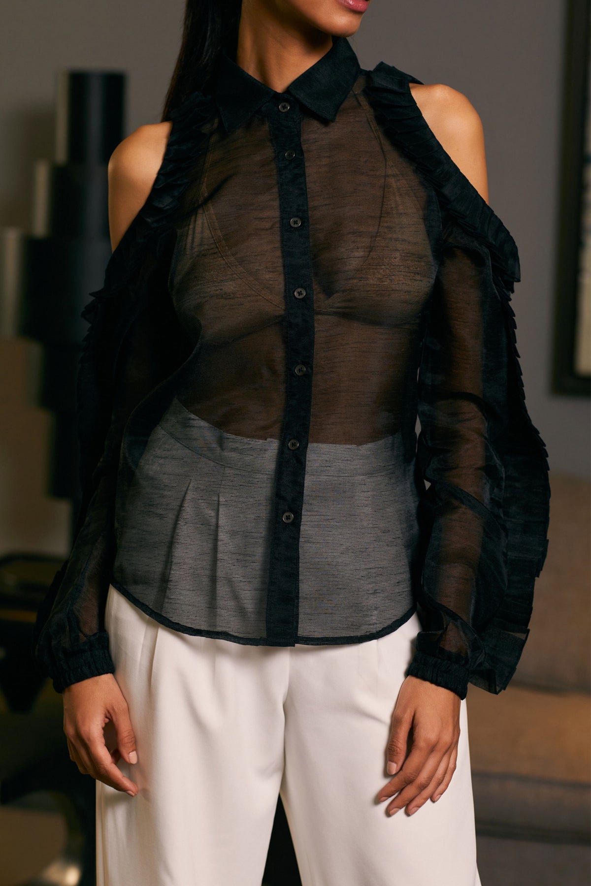 Black Cold Shoulder Pleated Shirt