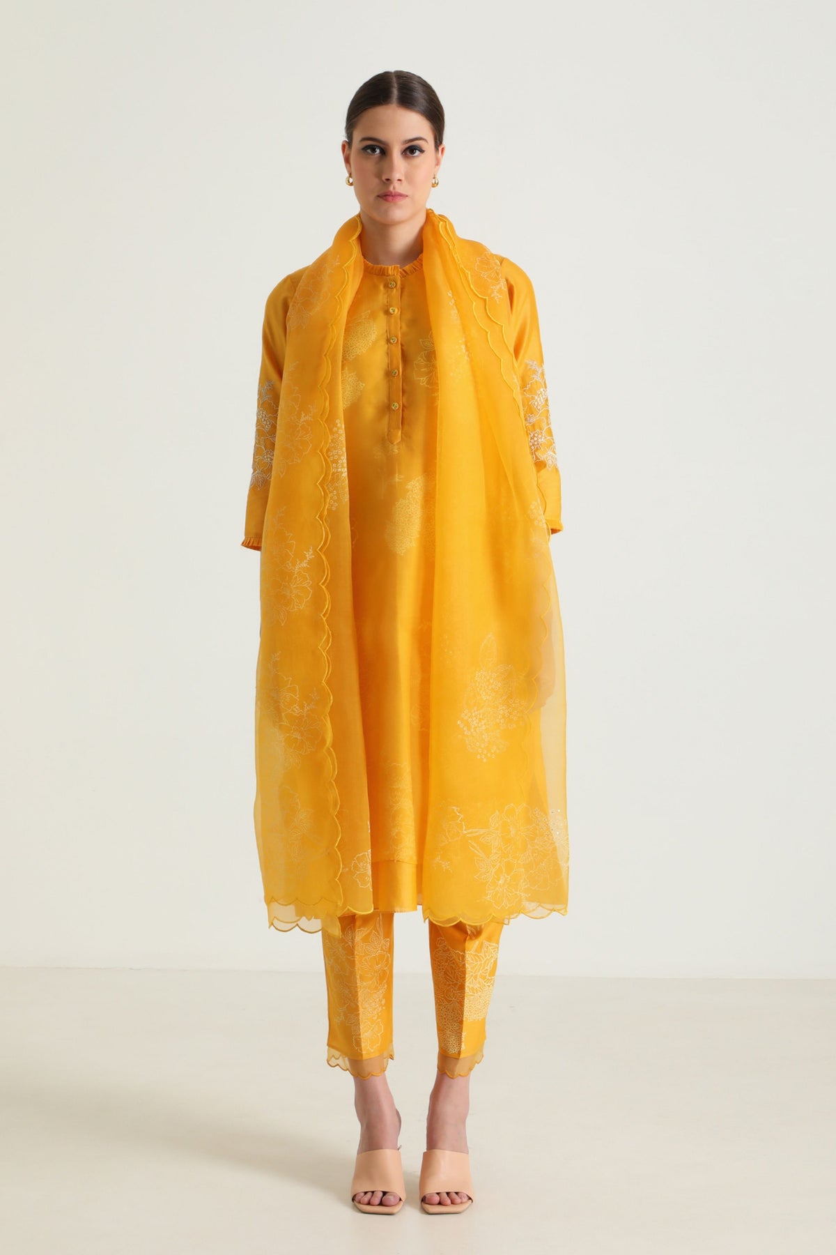 Printed Mustard Layered Kurta Set