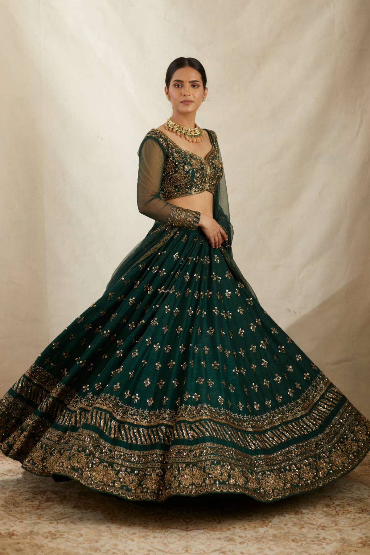 Emerald Green Raw Silk Lehenga Set