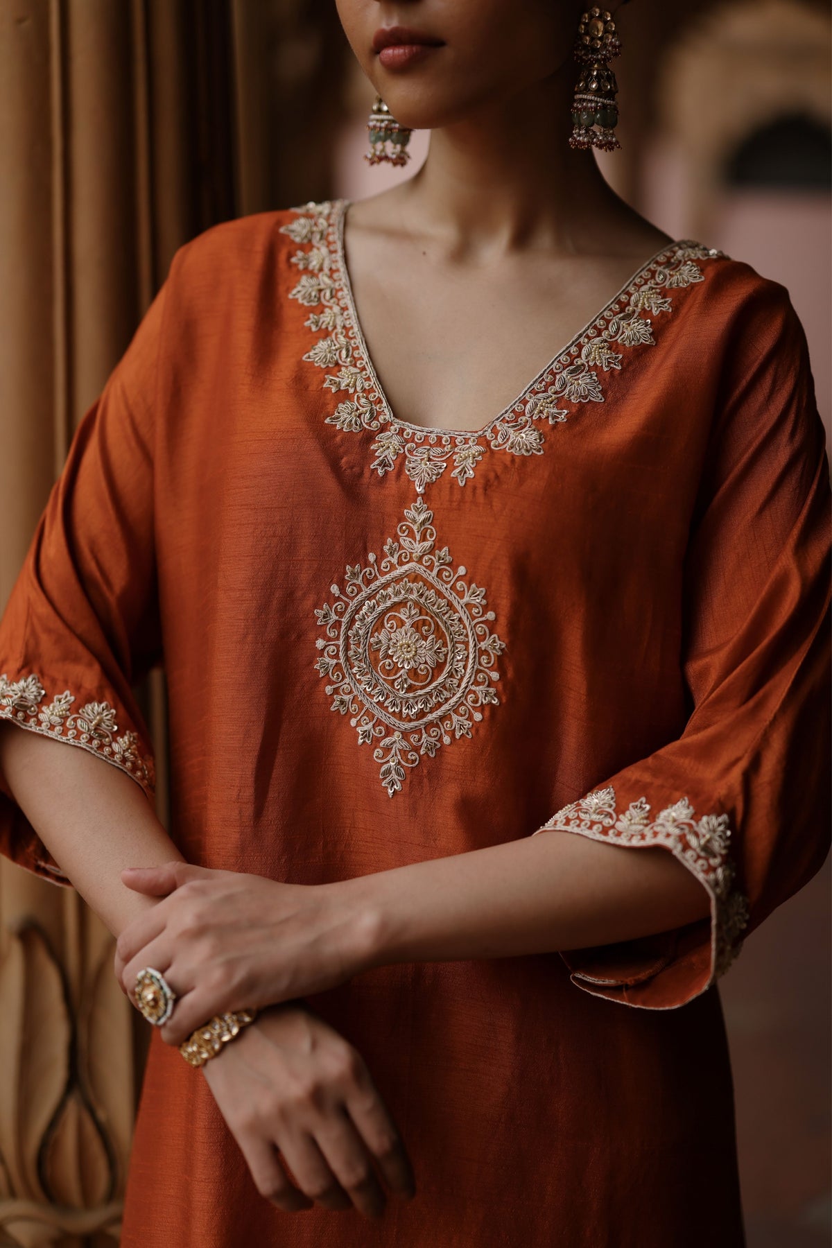 Orange Zardosi Embroidered Kurta Set