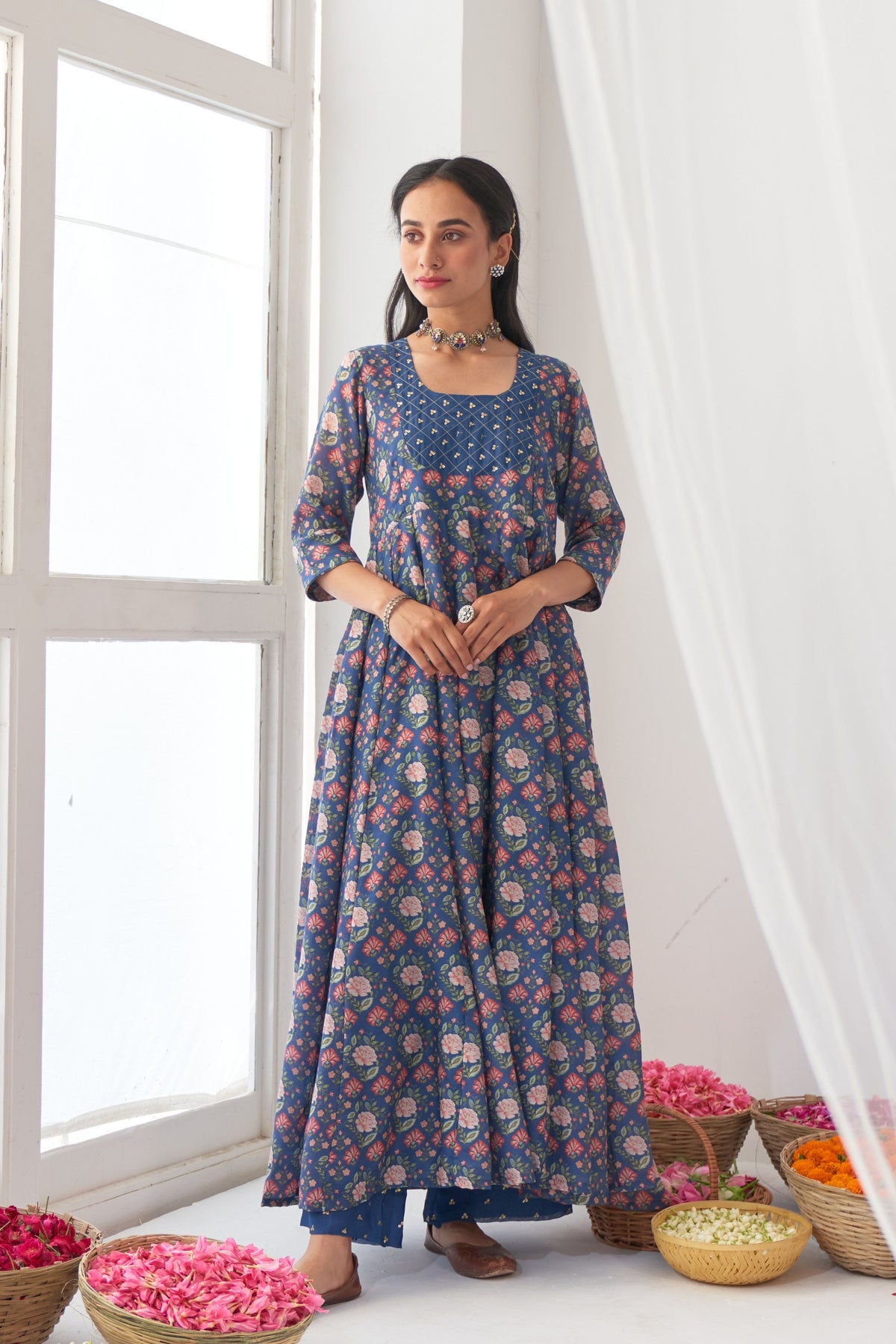 Blue Peony Embroidered Anarkali Set