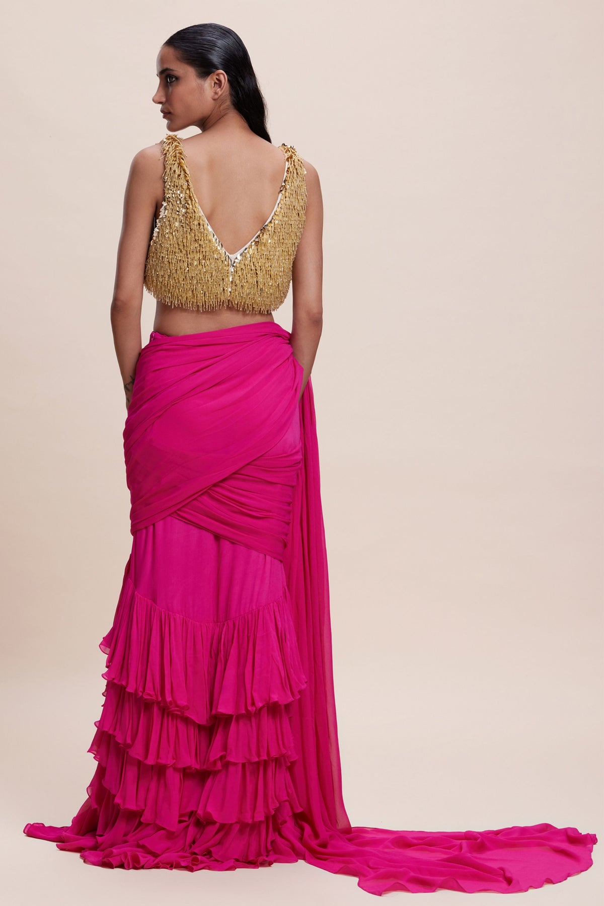 Hot Pink Ruffle Saree