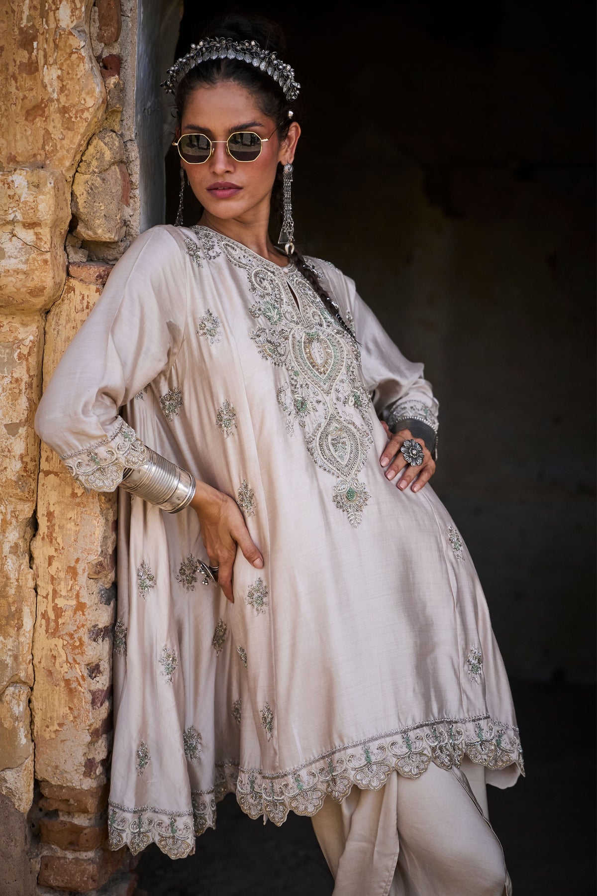 Embroidered Beige Kurta Set