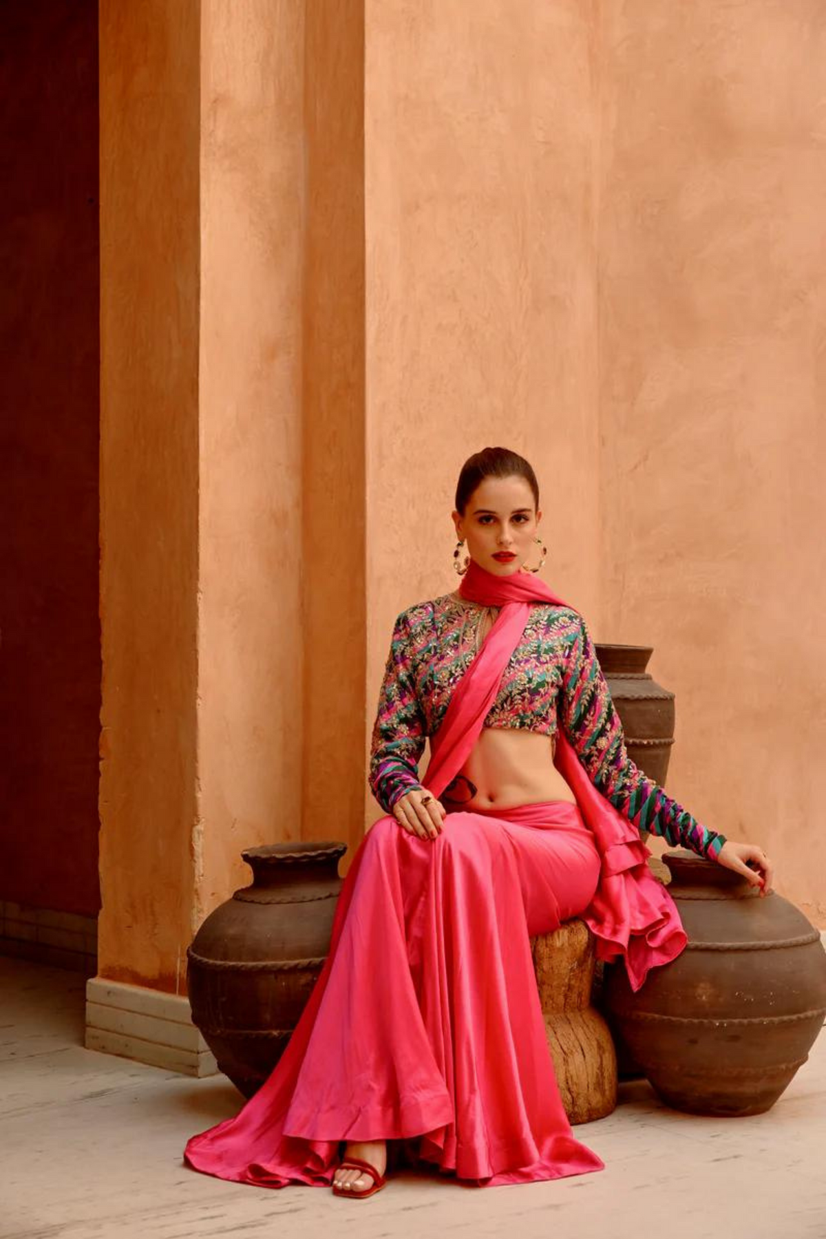 Hot Pink Drape Saree Set