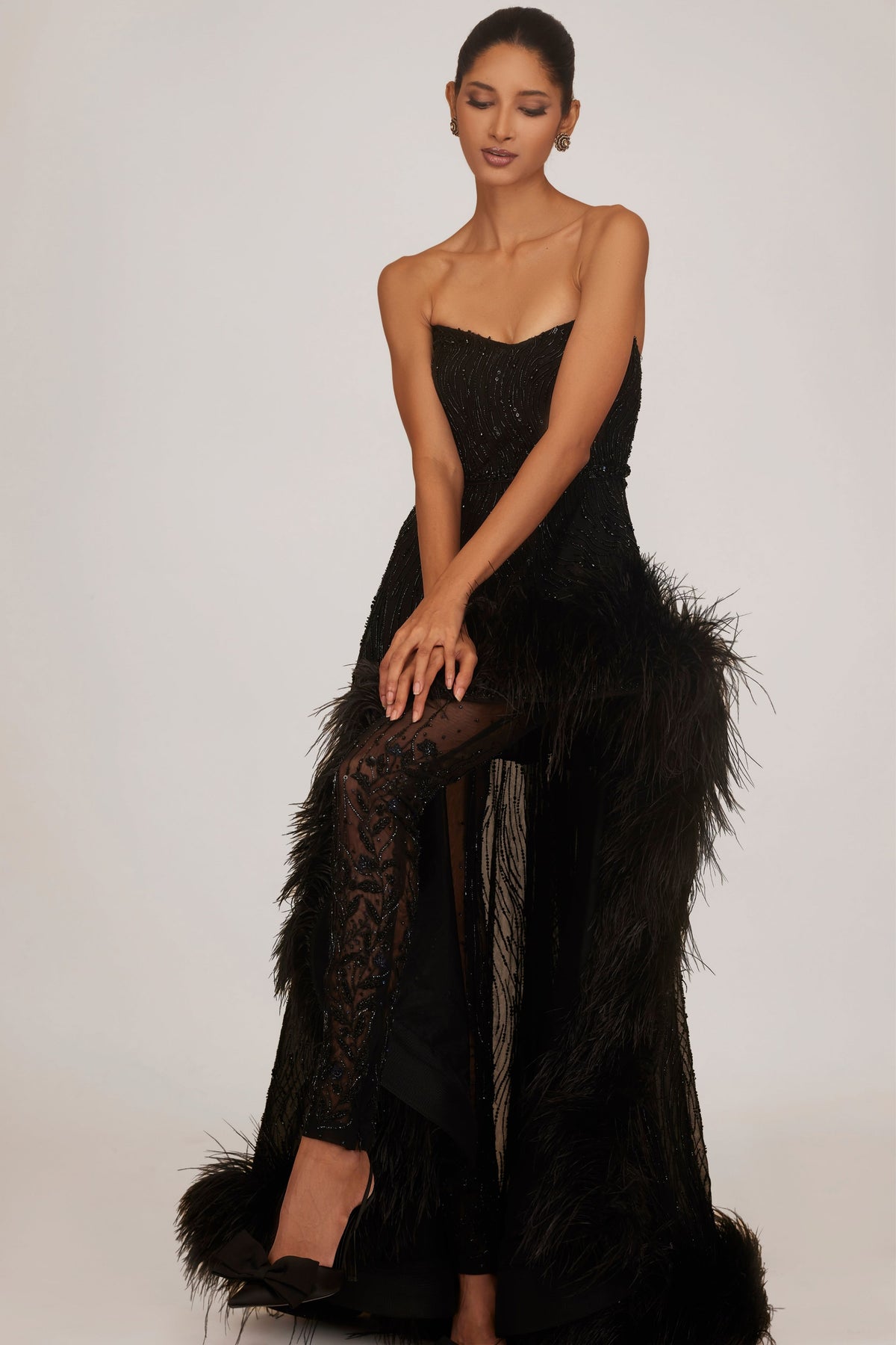 Beaded Feather Black Gown With Belt