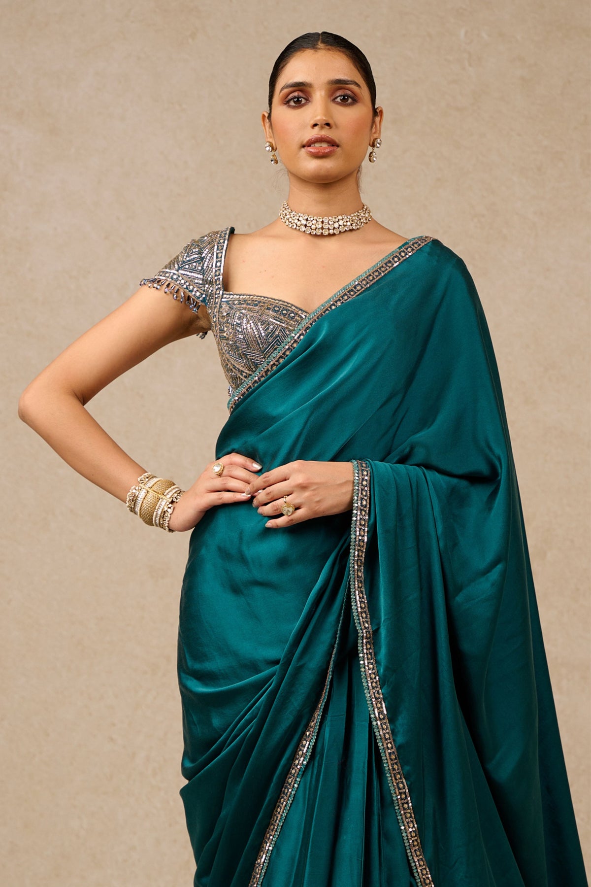 Teal Satin Saree