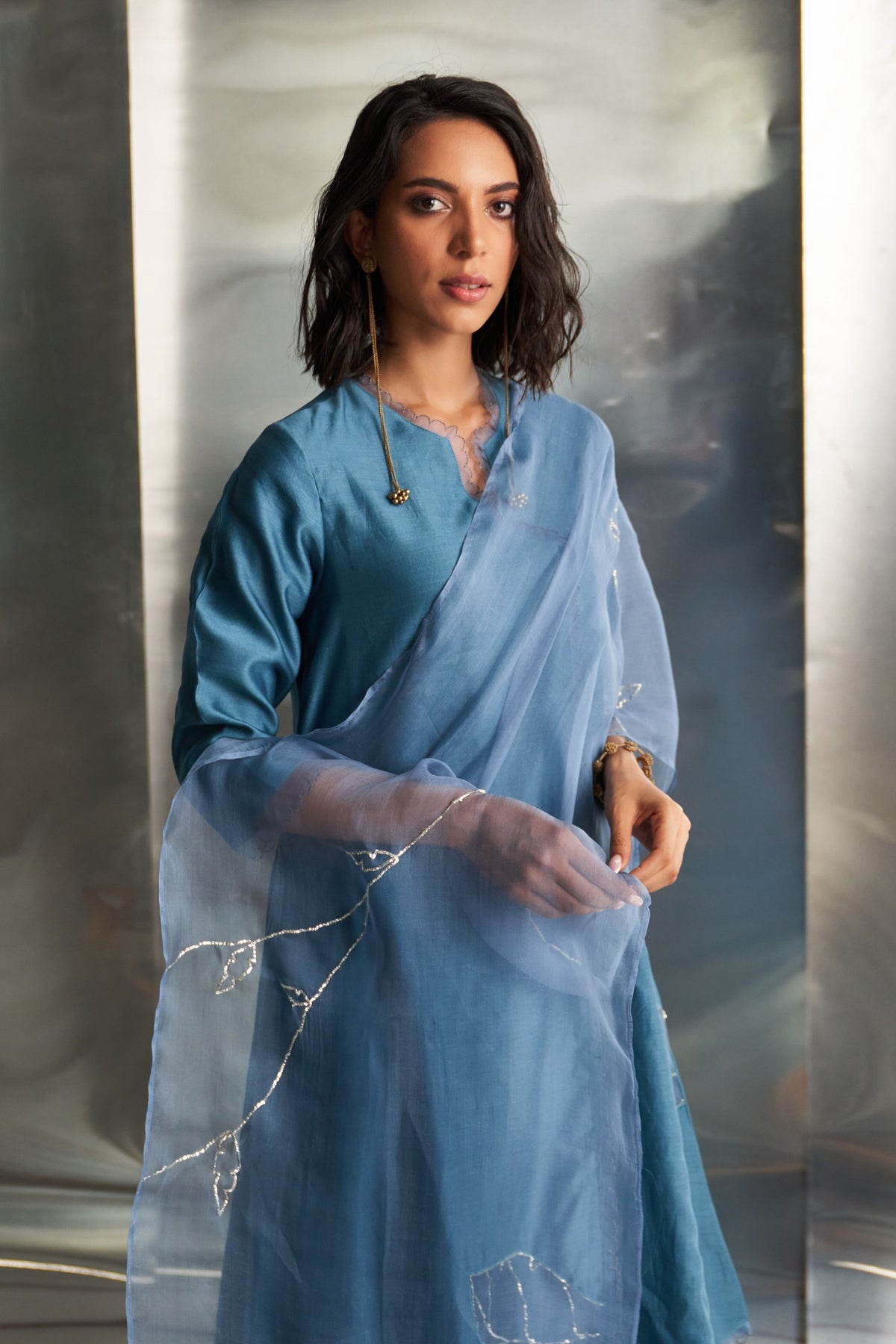 Steel Blue Asymmetrical Kurta Set