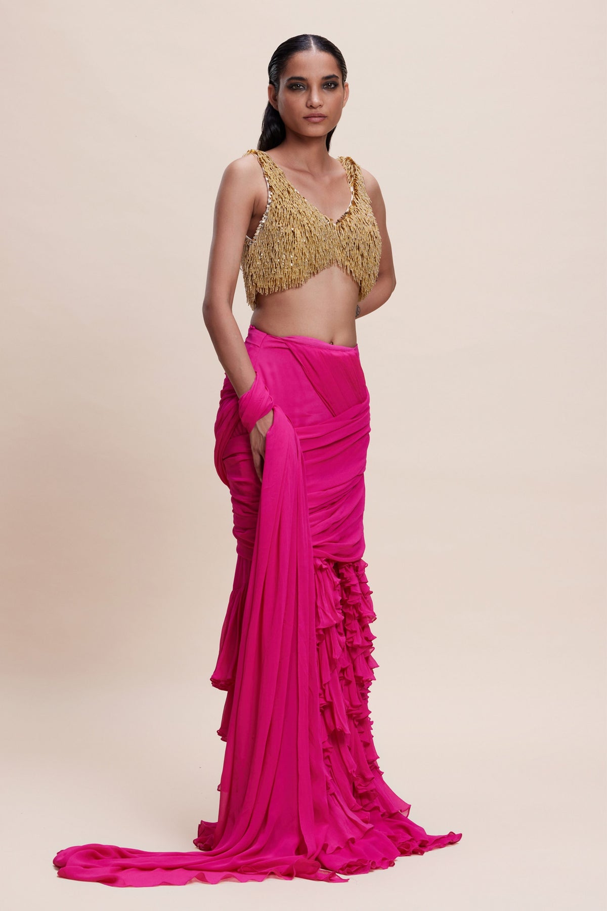 Hot Pink Ruffle Saree