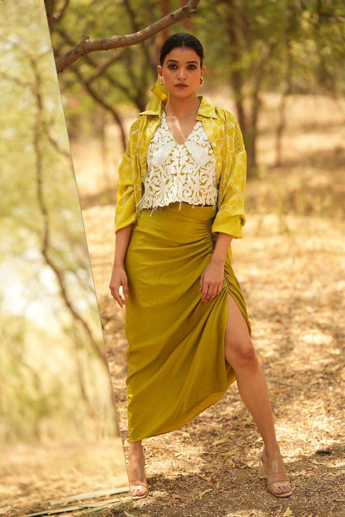 Lime Embroidered Sleeveless Jacket With Lime Skirt